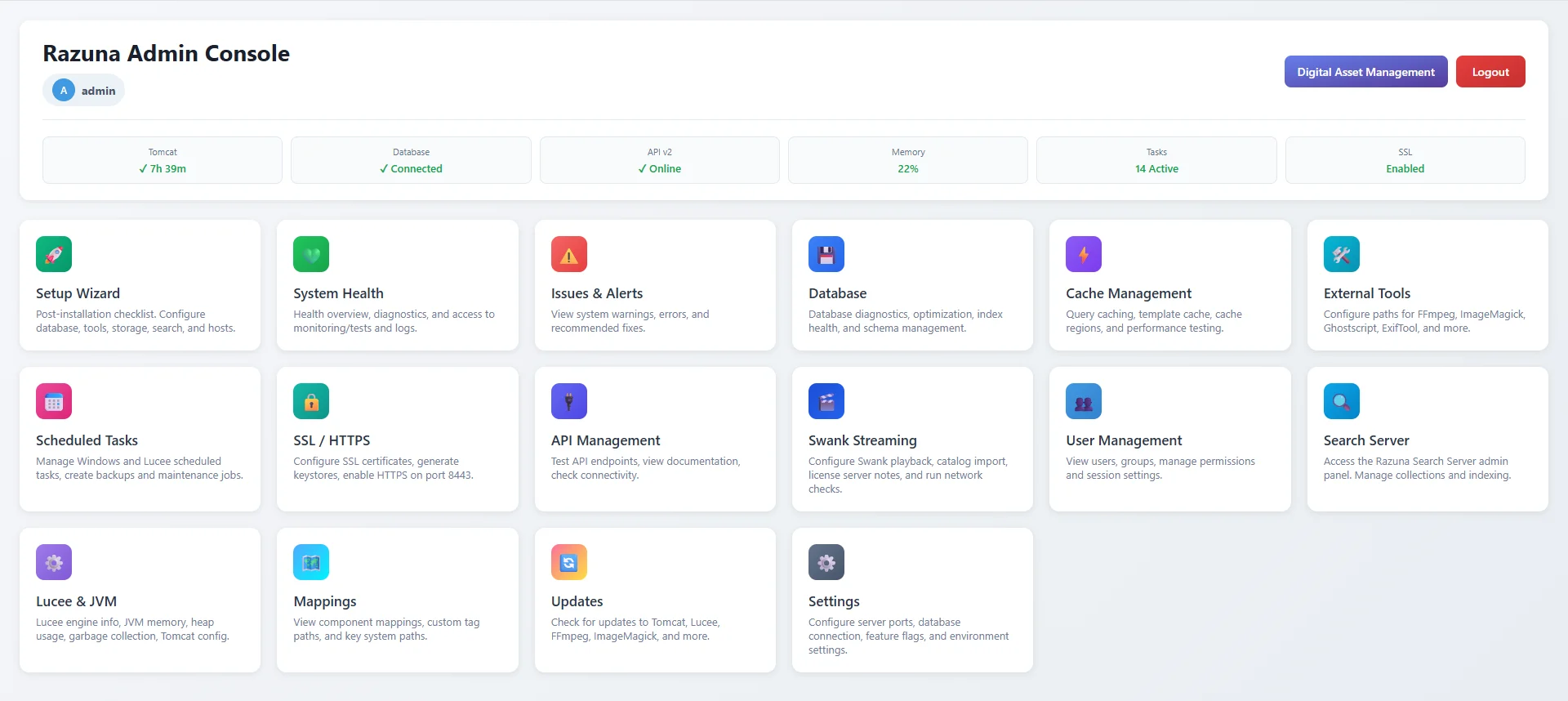 Razuna Admin Console showing consolidated System Health dashboard with monitoring tabs, diagnostic tools, log viewer, and database statistics for operational visibility